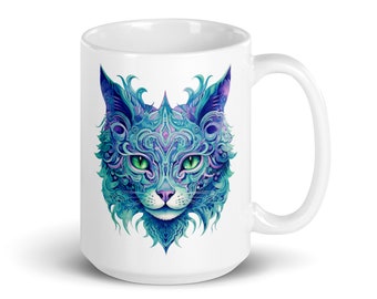 Cat Lover Mug | Mysterious, artsy cat in shads of purple, blue and green