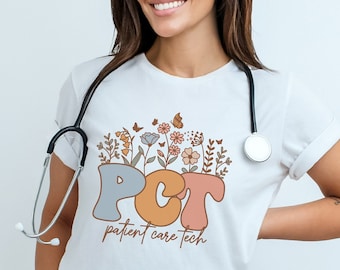 Retro Patient Care Technician Shirt Groovy PCT T-Shirts Cute Patient Care Tech T Shirt Floral Pct Top Pct Gift PCT Crewneck