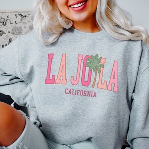 May include: Gray sweatshirt with a pink and orange graphic that says "LA JOLLA CALIFORNIA" with a palm tree in the middle.