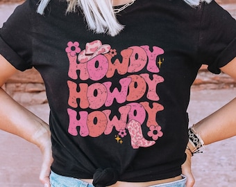 Retro Howdy T Shirt, Retro Cowgirl Shirt, Western Boots Shirt, Western Style Shirt, Cute Western Tees, Pink Cowgirl Shirt, Howdy Cowgirl