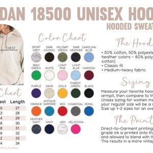 May include: Cream-colored Gildan 18500 unisex hoodie with a size chart and color options. The hoodie features a classic fit and medium-heavy fabric. The size chart shows chest and length measurements in inches.