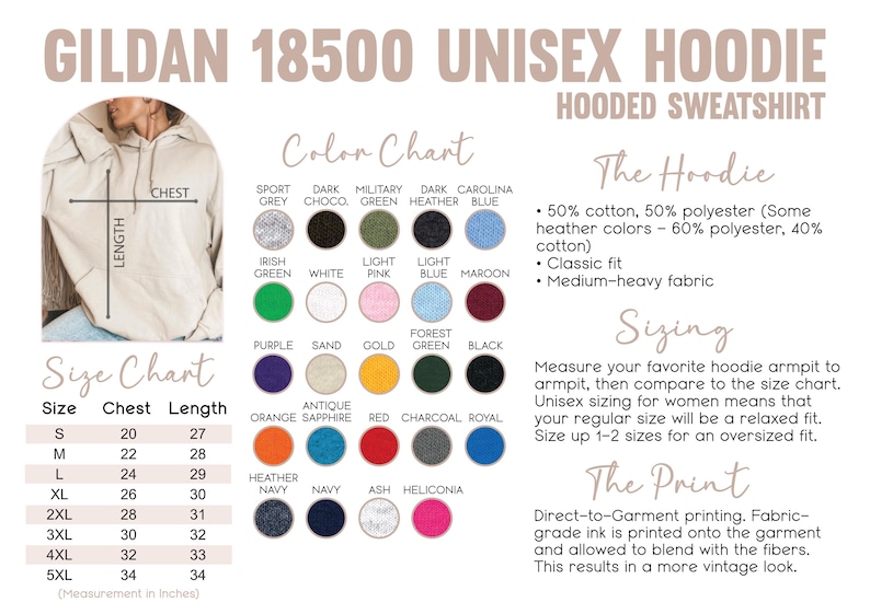 May include: Cream-colored Gildan 18500 unisex hoodie with a size chart and color options. The hoodie features a classic fit and medium-heavy fabric. The size chart shows chest and length measurements in inches.
