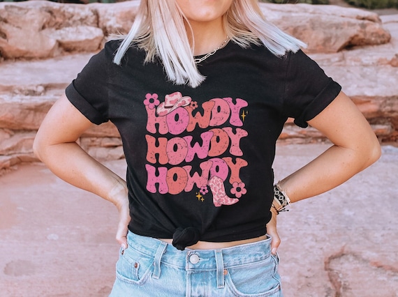 Retro Howdy T Shirt, Retro Cowgirl Shirt, Western Boots Shirt, Western Style Shirt, Cute Western Tees, Pink Cowgirl Shirt, Howdy Cowgirl