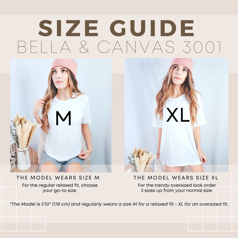 May include: Size guide for Bella & Canvas 3001 t-shirts. The image shows two models wearing white t-shirts, one in size M and the other in size XL. The text provides sizing recommendations for a relaxed or oversized fit.