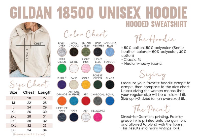 May include: Unisex Gildan 18500 hooded sweatshirt size chart with color chart. The chart shows chest and length measurements in inches. The color chart shows a variety of colors including sport grey, dark choco, military green, dark heather, carolina blue, Irish green, white, light pink, light blue, maroon, purple, sand, gold, forest green, black, antique orange sapphire, red, charcoal, royal, heather navy, navy, ash, and heliconia.
