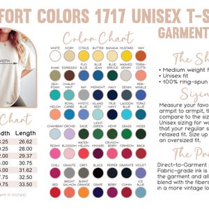 May include: A size chart and color chart for a unisex t-shirt. The chart shows the width and length of the shirt in inches for sizes S through 4XL. The color chart shows a variety of colors, including white, ivory, citrus, butter, banana, mustard, yam, khaki, espresso, flo blue, blue jean, spruce, washed denim, terra cotta, sea foam, chalky hint, bay, midnight, navy, denim, per-winkle, royal melon, caribe, mystic blue, island reef, true navy, lagoon blue, topaz blue, chambray, orchid, sage, light green, hemp, grass, moss, peony blossom, water melon, vinyard, crunch berry, crimson, brick, chili, granite, grey, black, pepper, graphite, violet, bright red, salmon, burnt orange, grape, berry, cumin, and ice blue.