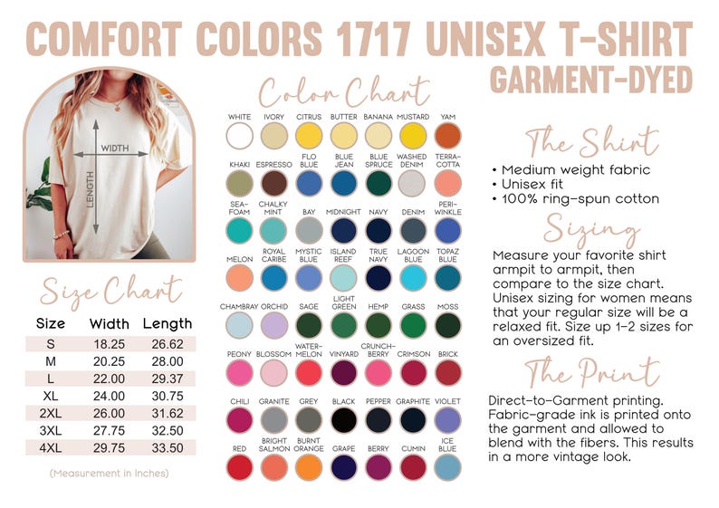 May include: A size chart and color chart for a unisex t-shirt. The chart shows the width and length of the shirt in inches for sizes S through 4XL. The color chart shows a variety of colors, including white, ivory, citrus, butter, banana, mustard, yam, khaki, espresso, flo blue, blue jean, spruce, washed denim, terra cotta, sea foam, chalky hint, bay, midnight, navy, denim, per-winkle, royal melon, caribe, mystic blue, island reef, true navy, lagoon blue, topaz blue, chambray, orchid, sage, light green, hemp, grass, moss, peony blossom, water melon, vinyard, crunch berry, crimson, brick, chili, granite, grey, black, pepper, graphite, violet, bright red, salmon, burnt orange, grape, berry, cumin, and ice blue.