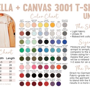 May include: A size chart and color chart for Bella + Canvas 3001 unisex t-shirts. The chart shows the measurements in inches for sizes XS to 3XL. The color chart shows a variety of colors, including heather, navy, kelly, olive, pink, red, black, and purple.