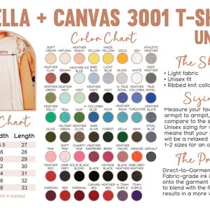 May include: A size chart and color chart for Bella + Canvas 3001 unisex t-shirts. The chart shows the width and length measurements in inches for sizes XS to 3XL. The color chart displays a variety of colors, including heather colors, solid colors, and a few specialty colors.