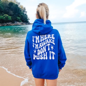May include: A royal blue hoodie with a white graphic that reads "I'm here I'm awake Don't push it" in a retro font.