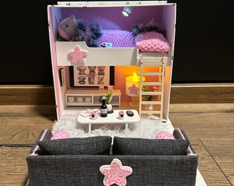 Dollhouse in a box with handmade furniture, house with mice