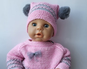 Strickset für Babypuppe, Kleidung für eine Puppe, deren Größe 48cm beträgt, Pullover, Hose, Mütze und Socken
