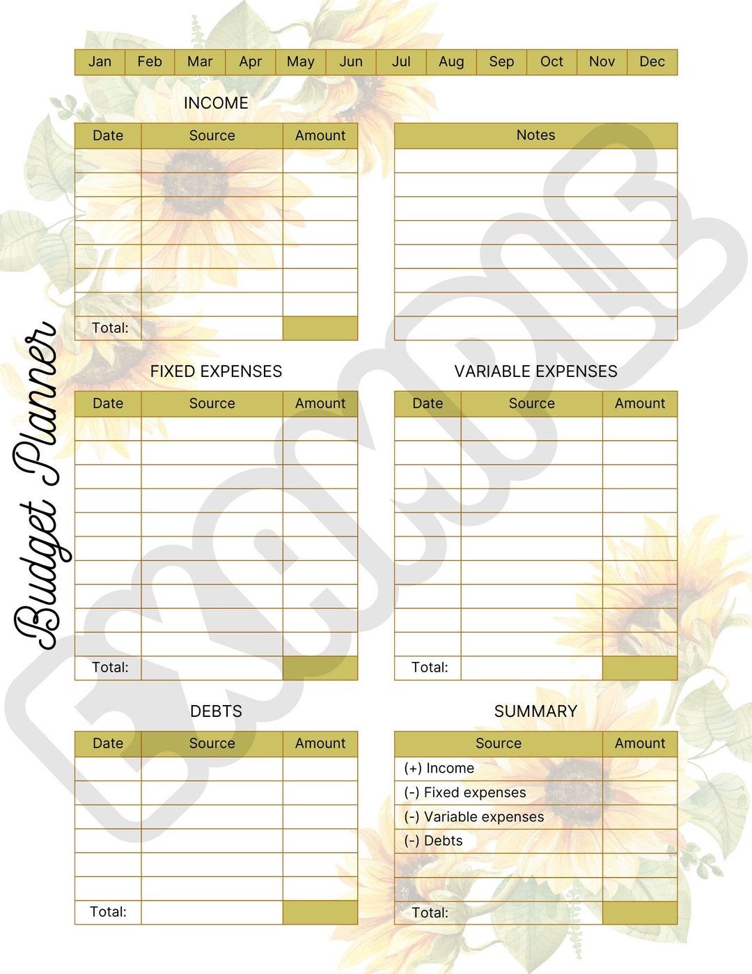 Budget Tracking Sunflower Planner Budget Brain Dump Vision Board ...