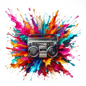 Prachtige verfspatten kleurrijke old school retro boombox, dj-muziek, digitale png-download | Muziek, cassettedeck, druipend, graffiti, grafisch