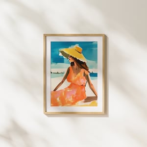 Colorful Gouache Girl with Hat Illustration, Digital Download, Printable Art, Wall Art, Summer Time,