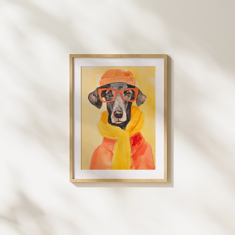 Dog, Winter, Cozy, Animal, Pet, Yellow, Red, Printable Art, Wall Art, Illustration, Unique, Pet Lover, Wall Art, Fun, Dog With Clothes image 1