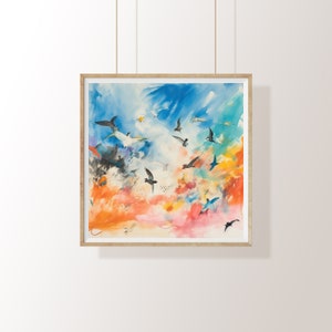 Vögel, Tiere, Aquarell, Malerei, abstrakte Kunst, bunt, digitale Kunst, druckbare Kunst, Dekoration, Wandkunst, Natur, Himmel