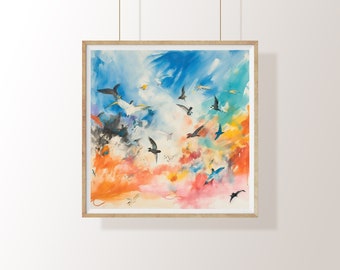 Birds, Animals, Watercolor , Painting, Abstract Art , Colorful, Digital Art, Printable Art, Home Decor, Wall Art , Nature, Sky