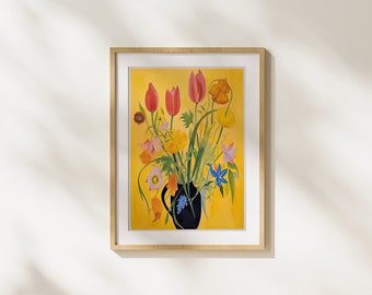 Flowers, Vase, Yellow, Colorful, Nature, Plant, Modern Art, Printable Art, Illustration, Painting, Wall Art, Unique, Original Art