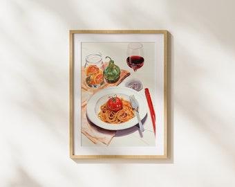 Spaghetti, Wine, Dinner, Illustration, Art, Printable Art, Realism, Painting, Fun, Food, Gastronomy