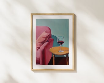Wine, Glass Of Wine, Relaxing, Moment, Living Room, Art, Painting, Illustration, Realism, Realistic, Modern Art, Printable Art, Digital Art