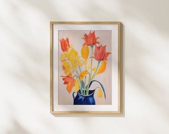 Tulips, Plant, Nature, Flowers, Vase, Painting, Modern Art, Printable Art, Unique, Colorful, Flower Bouquet, Wall Art, Illustration