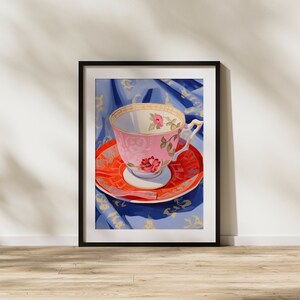 Tea, Cup of Tea, Floral, Flowers, Pink, Colorful, Modern Art, Painting, Illustration, Printable Art image 2