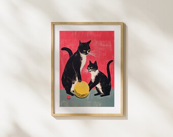 Cats, Playing, Animals, Fun, Ball, Realism, Art, Wall Art, Illustration, Pets, Cat lover, Modern Art, Printable Art