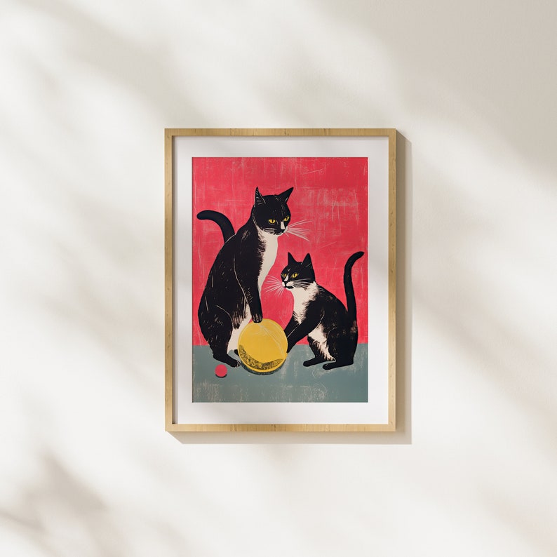 Cats, Playing, Animals, Fun, Ball, Realism, Art, Wall Art, Illustration, Pets, Cat lover, Modern Art, Printable Art image 1