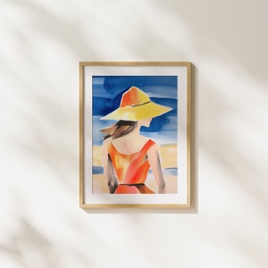 Colorful Gouache Girl with Hat Illustration, Digital Download, Printable Art, Wall Art, Summer Time,