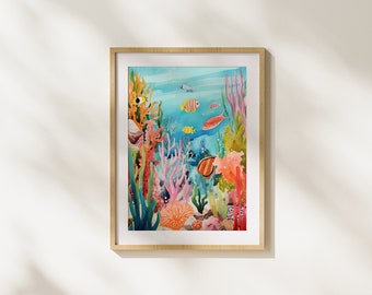 Coral Reef, Watercolor Painting, Colorful, Fish, Under The Sea, Nature, Animals, Unique, Modern Art, Wall Art, Printable Art