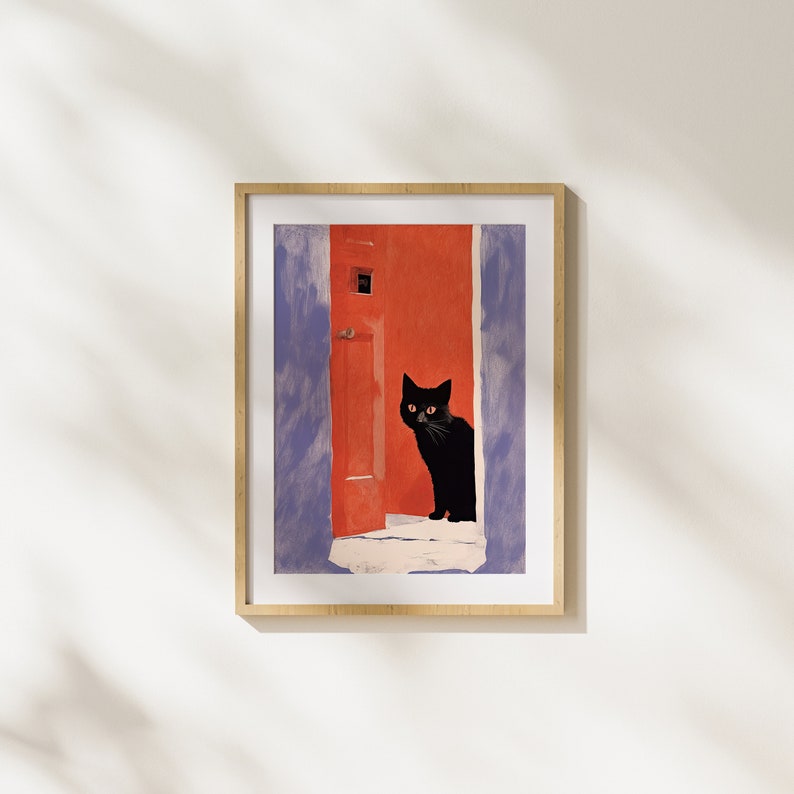 Black Cat, Pet, Animal, Pet Lover, Red, Purple, Modern Art, Painting, Illustration, Realism, Wall Art image 1