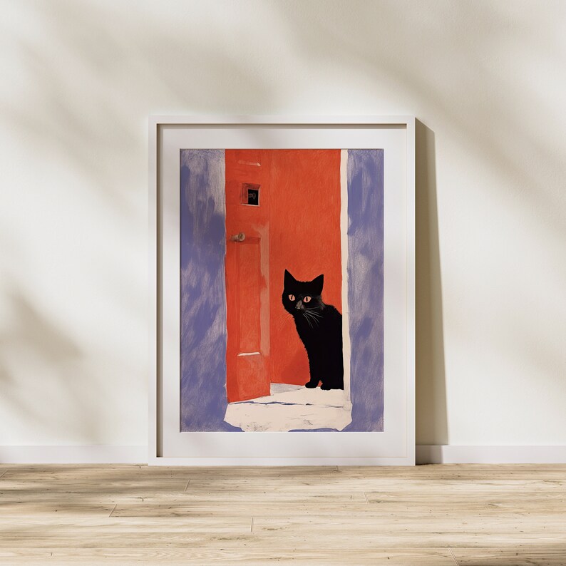 Black Cat, Pet, Animal, Pet Lover, Red, Purple, Modern Art, Painting, Illustration, Realism, Wall Art image 3