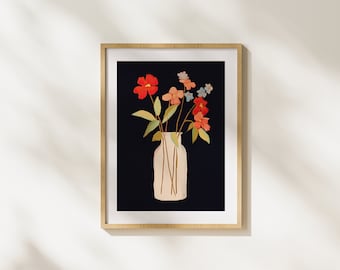 Flowers, Vase, Bloom, Colorful, Red, Nature, Realism, Modern Art, Illustration, Printable Art, Wall Art, Unique, Original Art, Minimalism