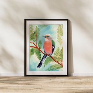 Bird, Animal, Nature, Blooming, Colorful, Modern Art, Illustration, Printable Art, Pink, Green image 2