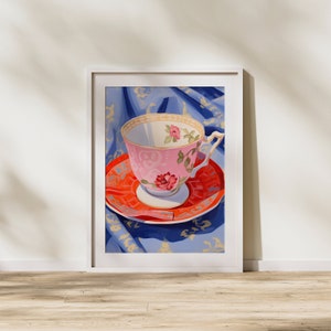 Tea, Cup of Tea, Floral, Flowers, Pink, Colorful, Modern Art, Painting, Illustration, Printable Art image 3