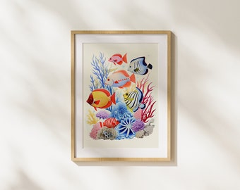 Fish, Sea, Underwater Life, Corals, Nature, Colorful, Illustration, Painting, Printable Art, Unique, Animals, Coral Reef, Plants, Modern Art