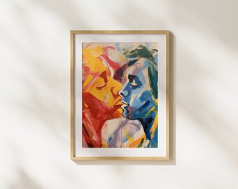 Colorful Watercolor Kiss Illustration, Digital Download, Love, Modern Art, Wall Art,