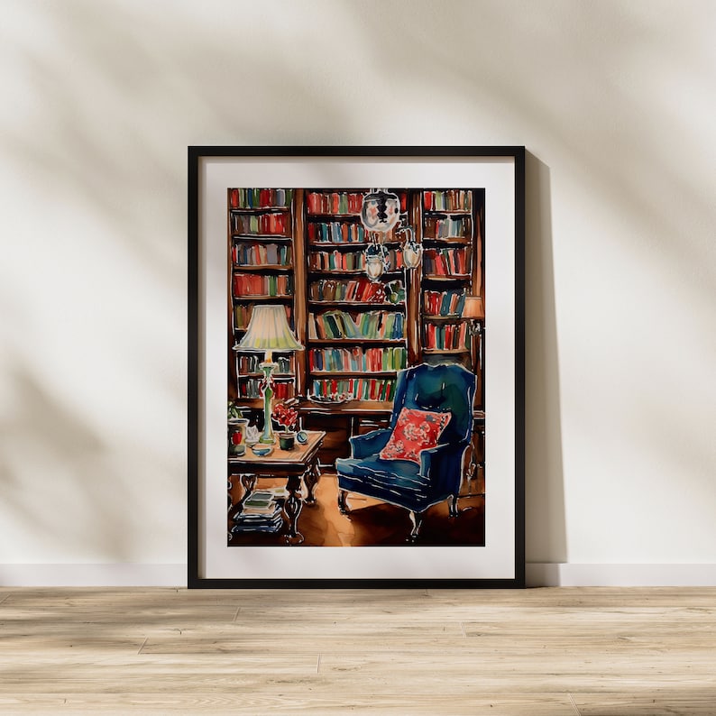 Library, Books, Knowledge, Realism, Wall Art, Blue Armchair, Modern Art, Illustration, Printable