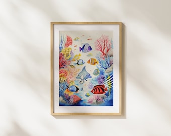 Coral Reef, Fish, Sea, Underwater, Corals, Watercolor, Life, Animals, Tropical Fishes, Nature, Colorful, Painting, Printable Art, Unique