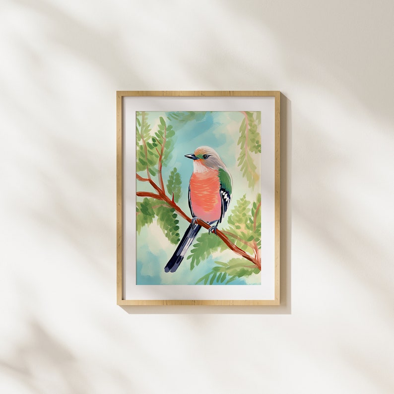 Bird, Animal, Nature, Blooming, Colorful, Modern Art, Illustration, Printable Art, Pink, Green image 1