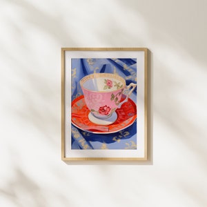 Tea, Cup of Tea, Floral, Flowers, Pink, Colorful, Modern Art, Painting, Illustration, Printable Art image 1