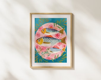 Blaue Fische Art Print: Rosa Teller, goldene Krönchen (Digitaler Download)