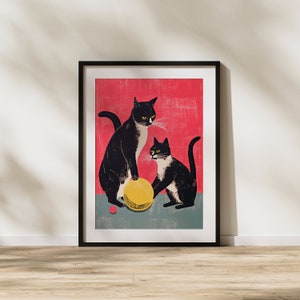 Cats, Playing, Animals, Fun, Ball, Realism, Art, Wall Art, Illustration, Pets, Cat lover, Modern Art, Printable Art image 2