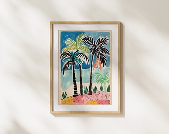 Palm Trees, Tropical, Paradise, Summer, Digital Art, Printable Art, Wall Art, Gouache, Illustration, Painting, Unique, Colorful