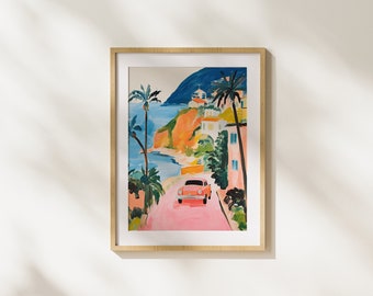 Vintage Car on Italian Coastline, Gouache Illustration, Digital Download, Painting. Summer, Travel, Fun