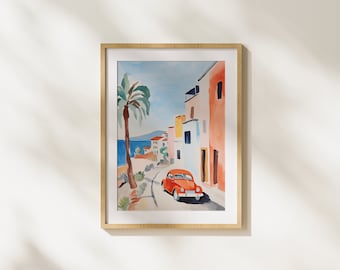Vintage Car on Italian Coastline, Gouache Illustration, Digital Download, Painting. Summer, Travel, Fun