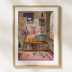 居心地の良い猫のイラスト：ラベンダー、本、蓄音機（デジタルダウンロード）
