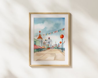 Colorful Watercolor Amusement Park Art, Digital Download, Illustration, Realism, Realistic Art, Modern Art, Printable Art