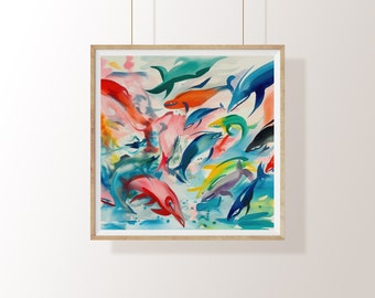 Sea Life, Colorful Dolphins, Animals, Watercolor , Painting, Abstract, Colorful, Digital Art, Printable Art, Wall Art , Nature,